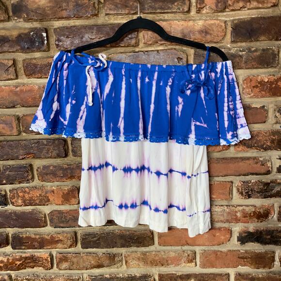 NWT Michael Stars Blue White Tie Dye Off The Cold Tie Shoulder Top Size Small - Picture 1 of 6